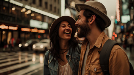 A Man and a Woman Standing on a City Streetの素材