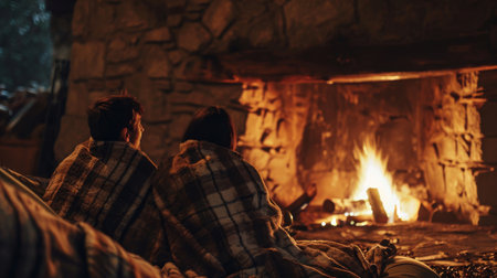 Man and Woman Relaxing Together by a Cozy Fire Outdoors at Nightの素材