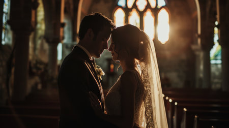 Bride and Groom Standing in Churchの素材