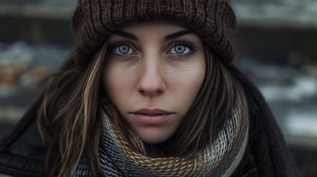 Woman With Blue Eyes Wearing Hat and Scarfの素材