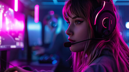 Girl With Headphones Engaged in Computer Useの素材