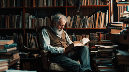 Man Sitting in Chair Reading Bookの素材