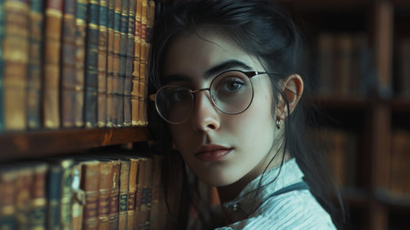 Woman Wearing Glasses Leaning Against Bookshelfの素材