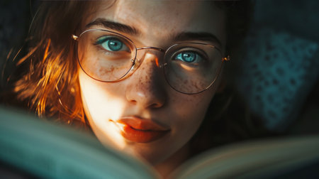 Young Woman With Glasses Reading a Book in Simple Library Settingの素材