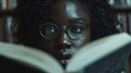 Young Woman With Glasses Reading a Book in Simple Library Settingの素材