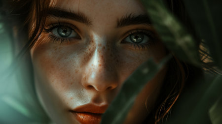 Close-up Portrait of Woman With Striking Blue Eyesの素材
