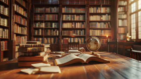 An Open Book on a Table in a Library, A Symbol of Knowledge and Learningの素材