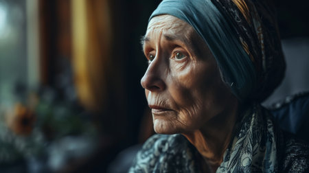 Older Woman in Turban Contemplating, Looking Into the Distanceの素材