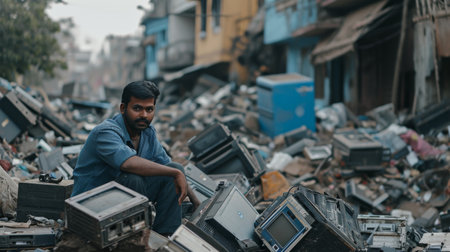 Woman Standing in Front of a Pile of Trashの素材
