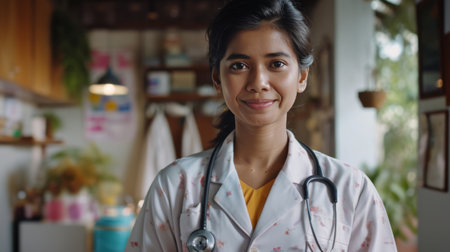 Woman in White Lab Coat Directly Facing Cameraの素材