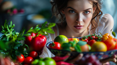 Woman Holding Bowl of Fruit and Vegetables for Healthy Eatingの素材