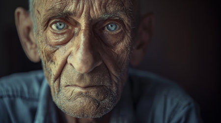 Elderly Man With Piercing Blue Eyes Gazes Directly at the Cameraの素材