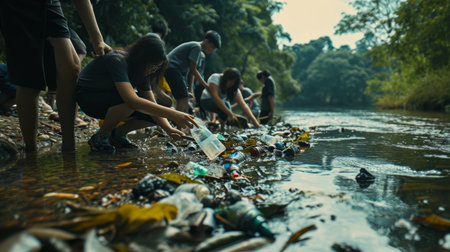 Woman in Yellow Shirt Cleaning Up Trash in Riverの素材