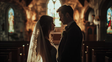 Bride and Groom Standing in Churchの素材