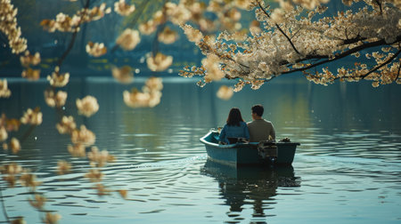 Two People in Small Boat on Lake Enjoying a Relaxing Day Outdoorsの素材
