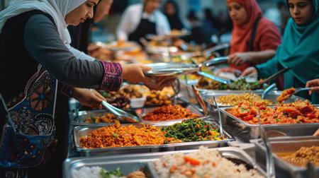 Group of People Standing Around Buffet Table at Eventの素材