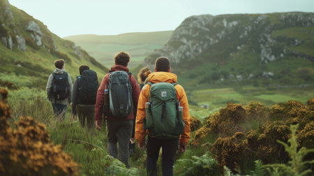 Group of People With Backpacks Ascending a Hillの素材