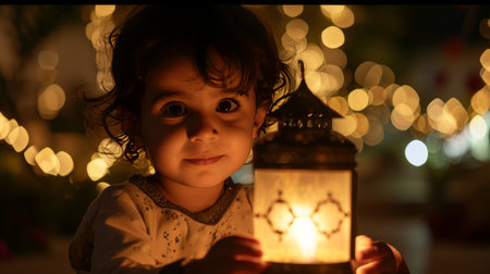 Little Girl Holds Lit Candle in Her Hands at Nightの素材