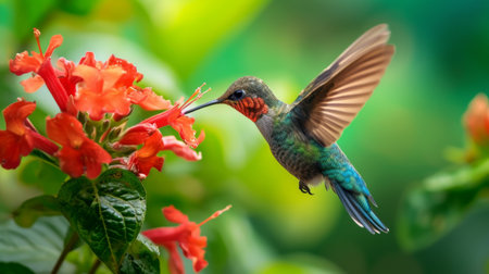 Hummingbird Hovering Over Cluster of Red Flowers in a Gardenの素材
