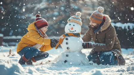 Man and Child Building Snowman Together in the Snowの素材