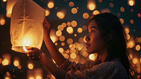 Woman Holding a Lantern in Her Hand, Illuminating the Dark Eveningの素材