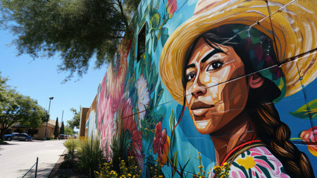 Unique Mural Depicting a Woman With a Hat on Her Headの素材