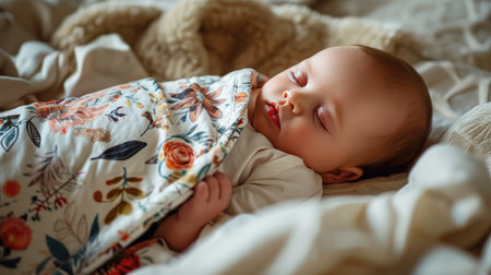 Baby Laying in Bed With Blanket, A Cozy and Peaceful Moment Captured in a Photographの素材