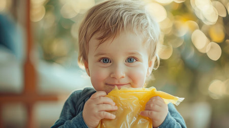 Little Boy Enjoying a Delicious Meal With Utmost Delightの素材