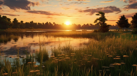 Sun Setting Over Water in the Fieldの素材