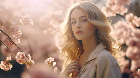 Woman With Long Hair Standing Under Tree With Pink Flowersの素材