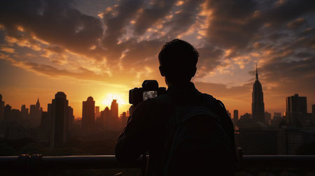 A Person Taking a Picture of a City at Sunsetの素材