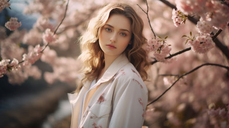 Woman With Long Hair Standing Under Tree With Pink Flowersの素材