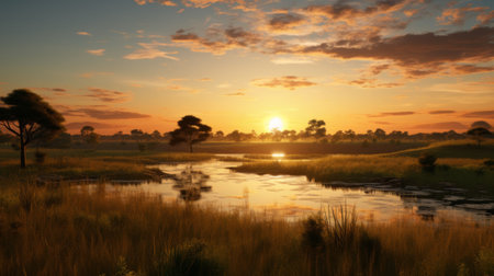 Sun Setting Over Water in the Fieldの素材