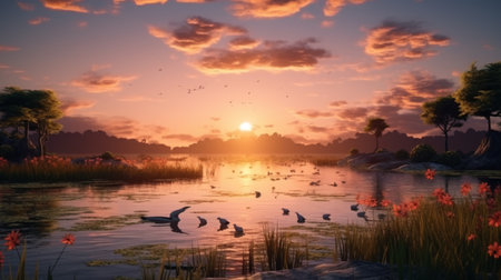 Sun Setting Over Water in the Fieldの素材