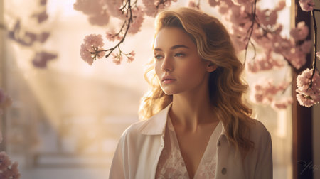 Woman With Long Hair Standing Under Tree With Pink Flowersの素材