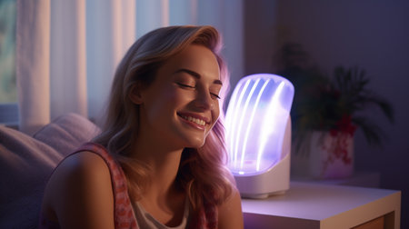 Woman Sitting in Front of Smiling Lampの素材