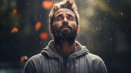 Man With Beard Standing in the Rainの素材