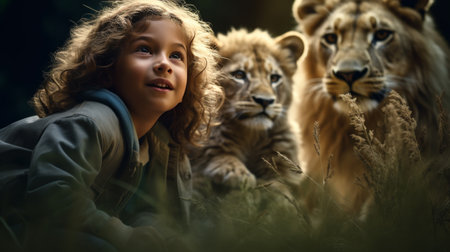 Little Girl Sitting Next to Two Lionsの素材