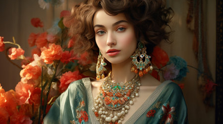 Stylish Woman in a Green Dress and Jewelryの素材