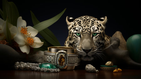 Close-Up of a Leopard Surrounded by Jewelryの素材