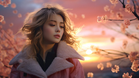 Woman Standing Next to Tree With Pink Flowersの素材