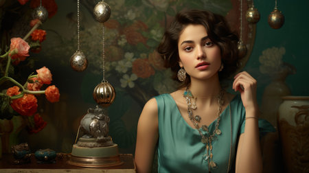 Stylish Woman in a Green Dress and Jewelryの素材