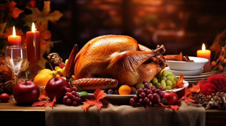 Table Set With Plates of Food and a Turkeyの素材