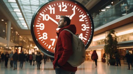 Large Red Clock in a Busy Mallの素材