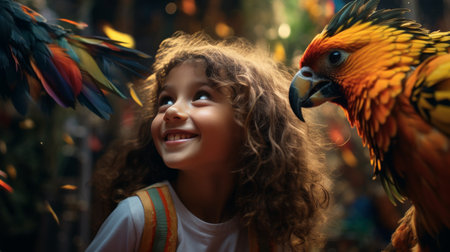 Little Girl Standing Next to Parrotの素材