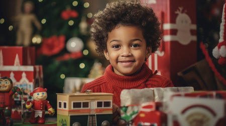 Young Child in Jacket Surrounded by Christmas Decorationsの素材