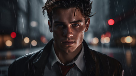 Man in Suit and Tie Standing in the Rainの素材