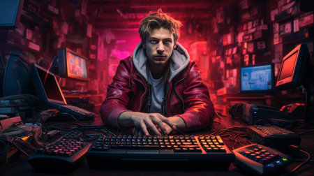 Man Sitting in Front of Computer Keyboardの素材