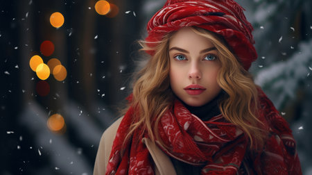 Woman Wearing Red Scarf and Red Hatの素材