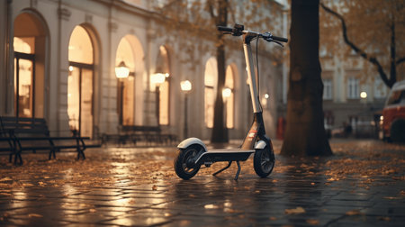 Parked Scooter on Wet Sidewalkの素材